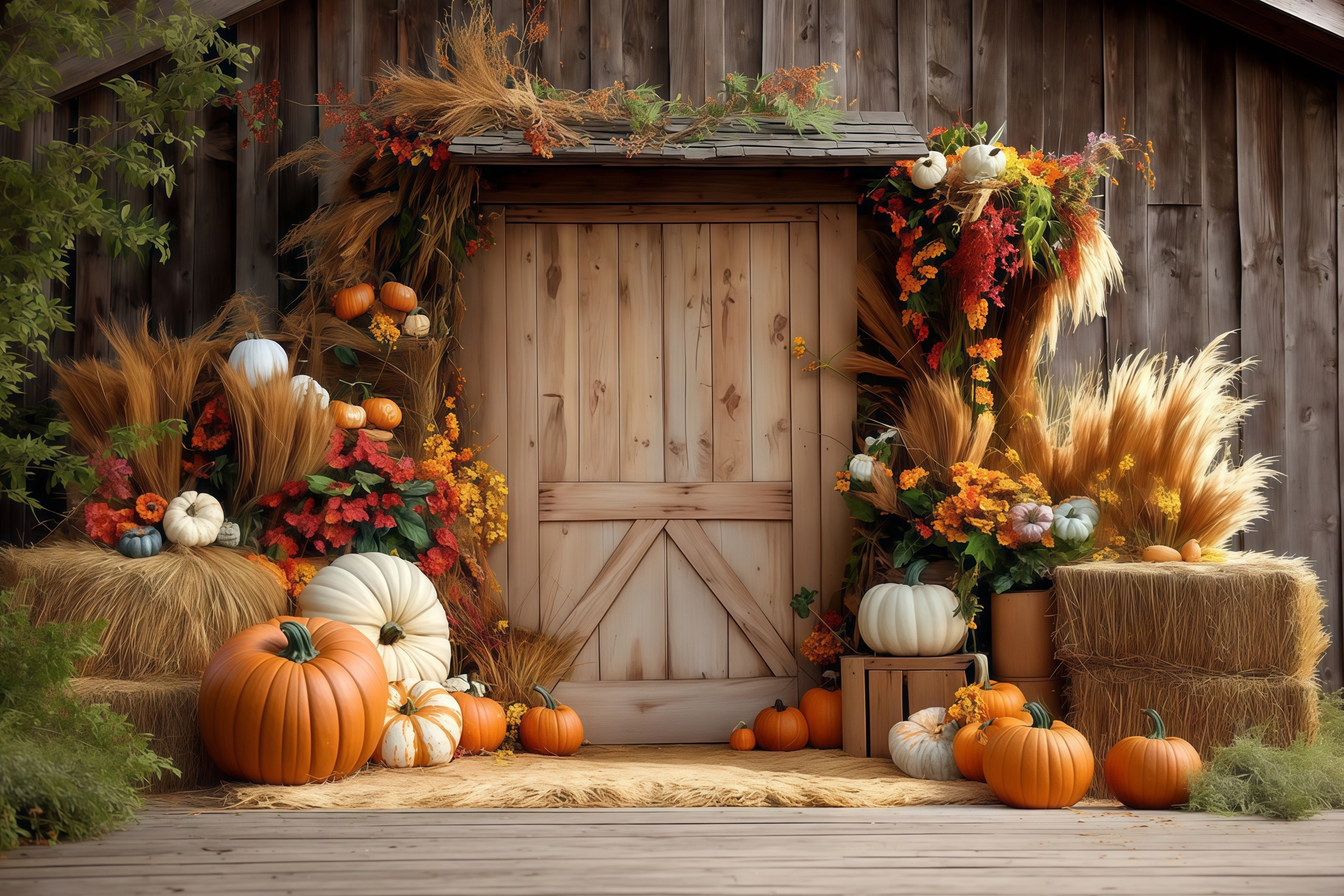 Toile de fond Photo Automne Porte Bois Citrouille Foin Automne CSH57-182