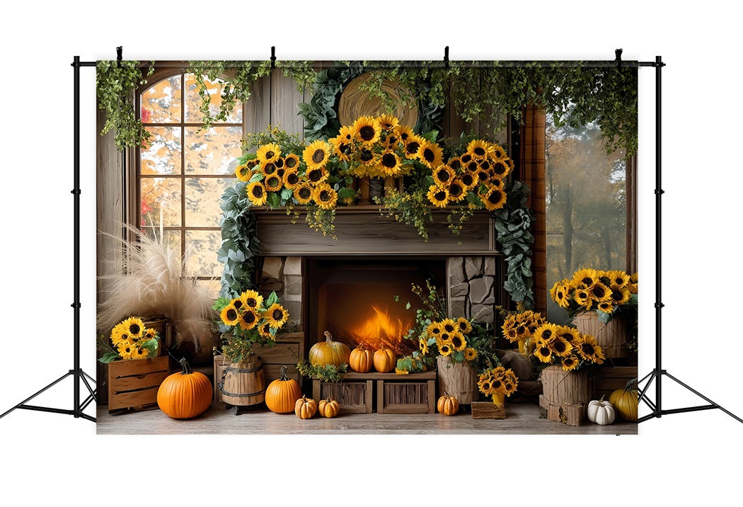 Toile de fond Photo Automne Cheminée Tournesol Porte Citrouille Automne CSH57-183