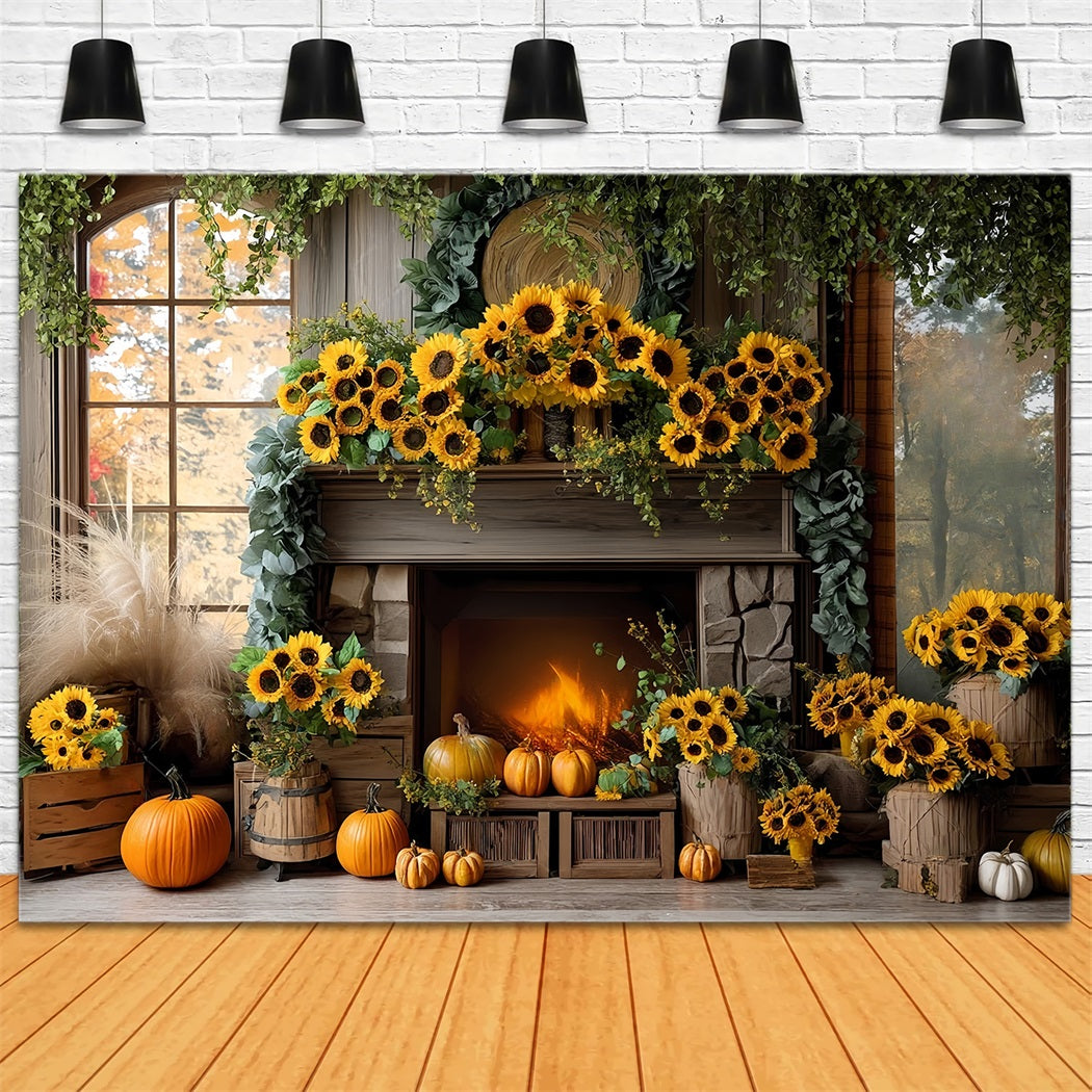 Toile de fond Photo Automne Cheminée Tournesol Porte Citrouille Automne CSH57-183