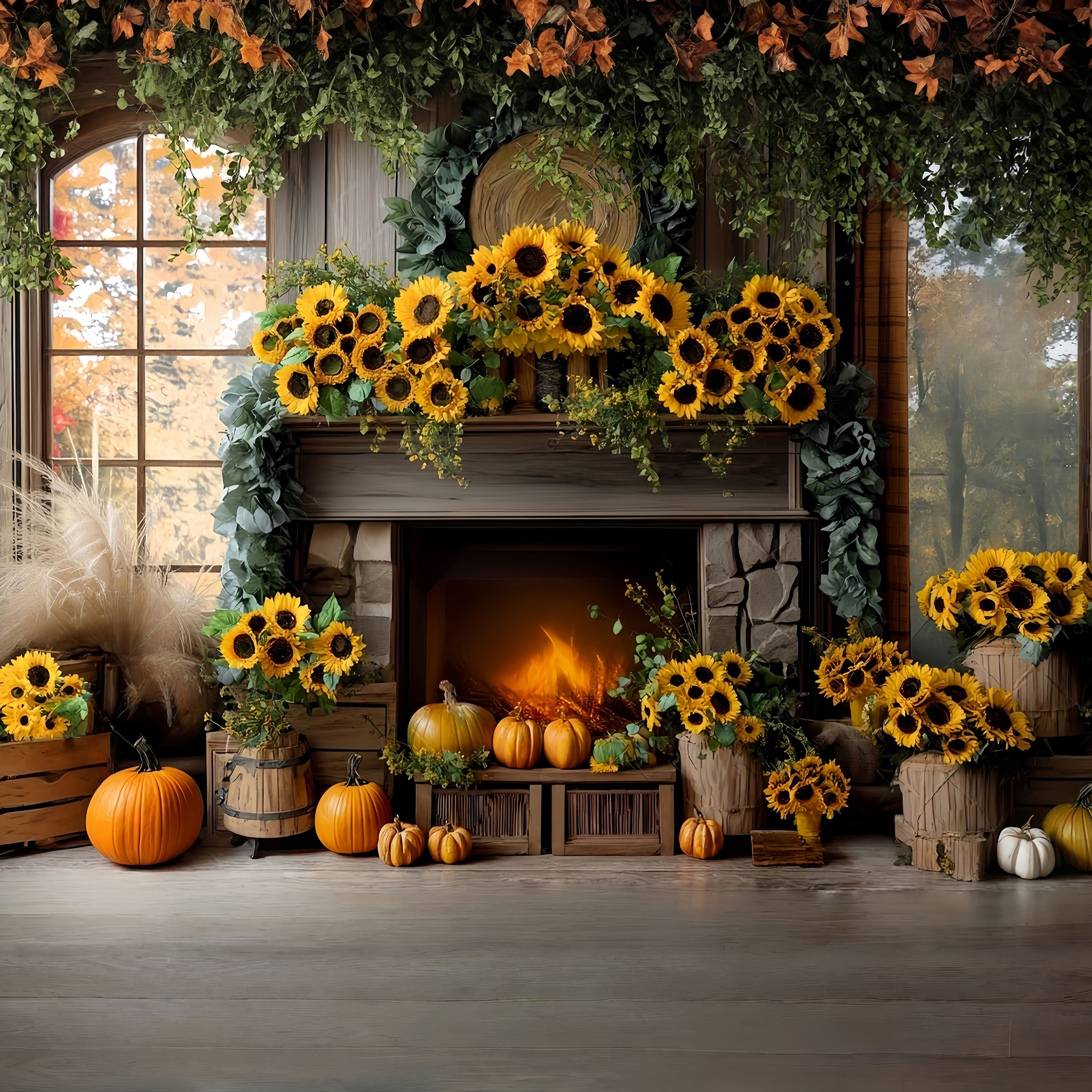 Toile de fond Photo Automne Cheminée Tournesol Porte Citrouille Automne CSH57-183