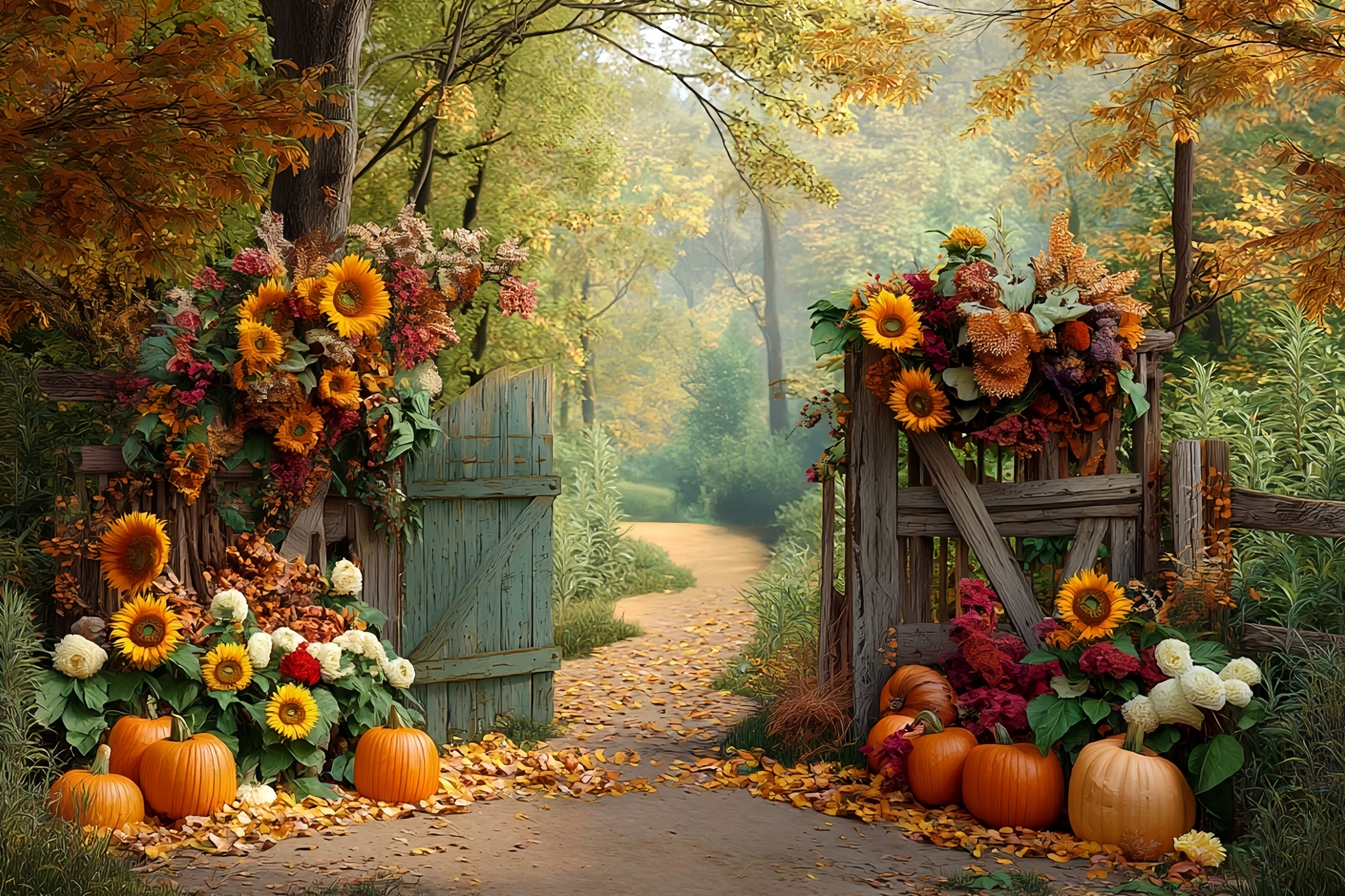 Toile de fond Photo Automne Chemin Citrouille Tournesol Automne CSH57-185