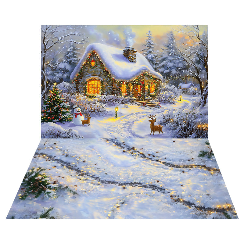 Toile de fond Chalet Enneigé Illuminé + Sol Pommes de Pin Neigeux MRR8-186