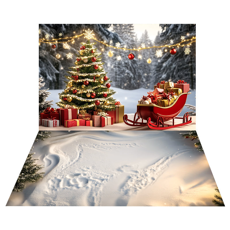 Toile de fond Traîneau Cadeaux Sapin + Sol Neige Crépusculaire MRR8-188