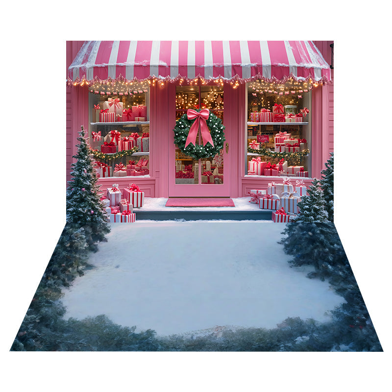 Toile de fond Boutique Rose de Noël + Sol Neige Sapin Givré MRR8-195