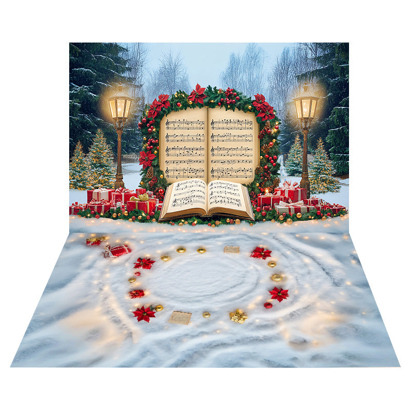 Toile de fond Harmonie Musicale de Noël + Sol Neige Lumières de Fête MRR8-200
