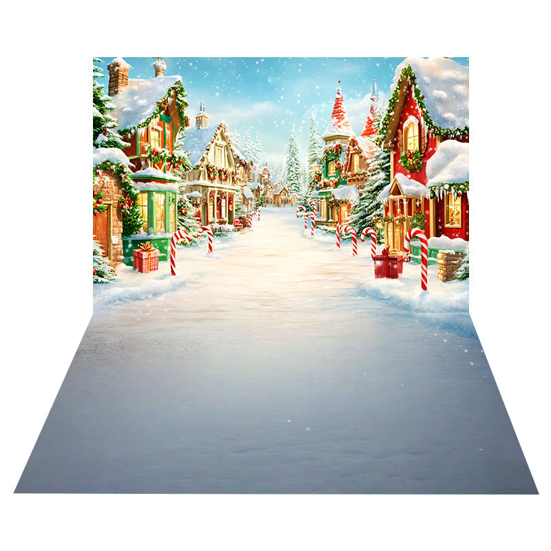 Toile de fond Maison Village Enneigée + Sol Neige Hivernale MRR8-204