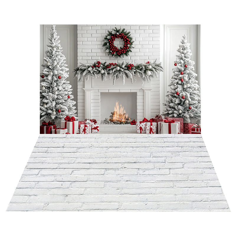 Toile de fond Cheminée Blanche Givrée + Sol Briques Blanches MRR8-205