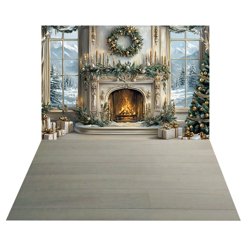 Toile de fond Cheminée Dorée Couronne + Sol Bois Gris MRR8-206