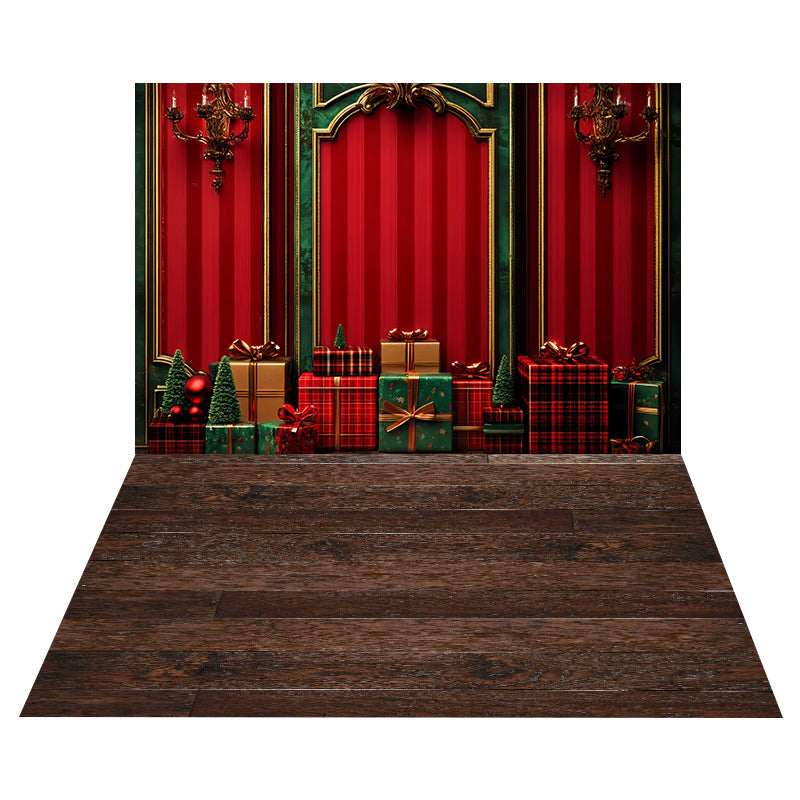 Toile de fond Mur Rouge Boîtes Cadeaux + Sol Chêne Rustique Foncé MRR8-208