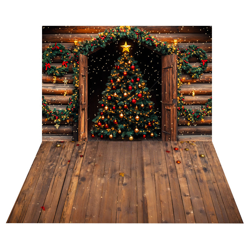 Toile de fond Cabane Rustique Sapin + Sol Bois de Noël MRR8-209