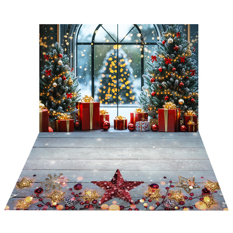 Toile de fond Arbres Cadeaux Dorés + Sol Ornements Étoiles Givrées MRR8-211