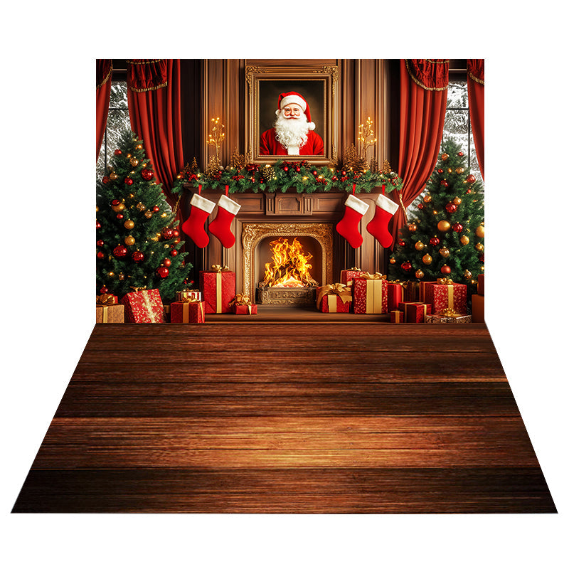 Toile de fond Cheminée Père Noël Chaussettes + Sol Bois Rustique MRR8-212