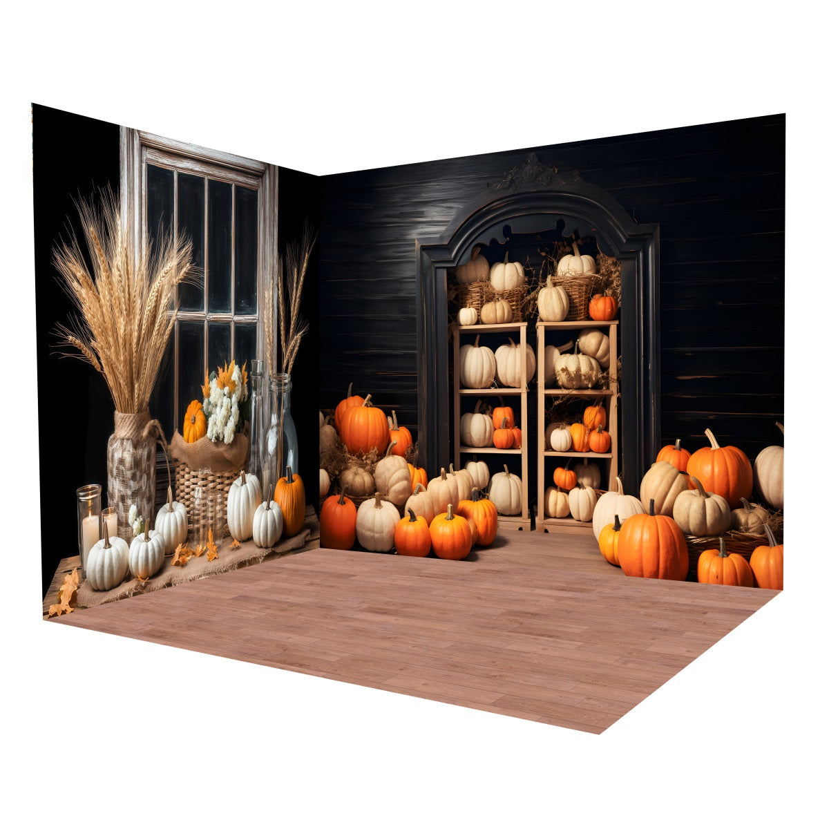 Ensemble de Salle Automne Fenêtre Rustique Récolte de Citrouilles MRR8-225
