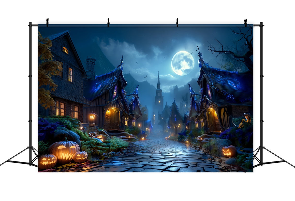 Fond photo halloween Rue Village Hanté Pleine Lune MRR8-23