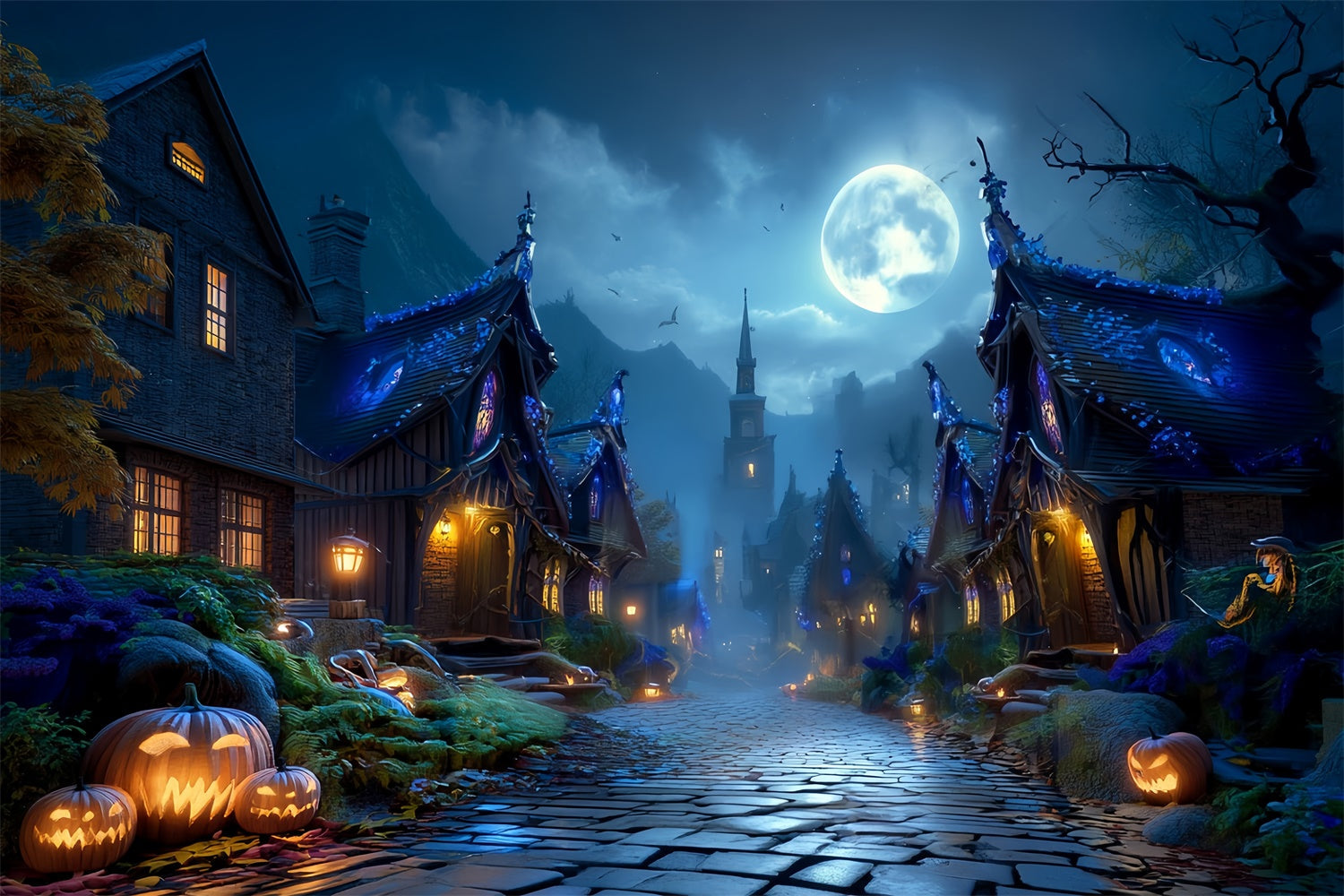 Fond photo halloween Rue Village Hanté Pleine Lune MRR8-23