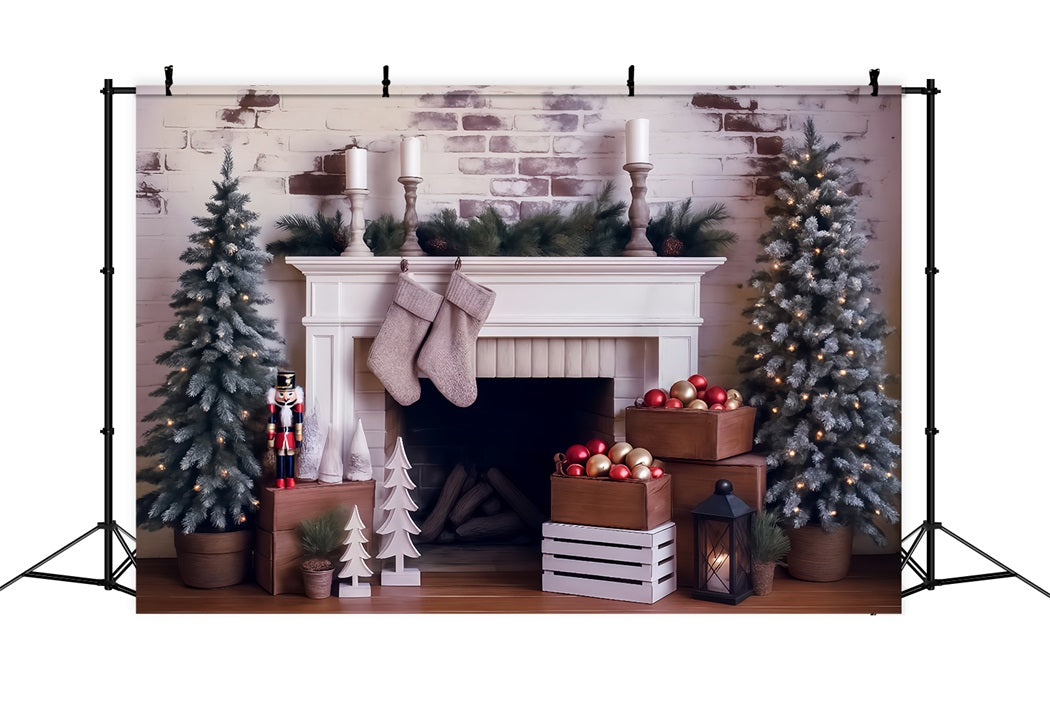 Toile de fond Noël Décor Cheminée Pins Givrés Photo MRR8-261