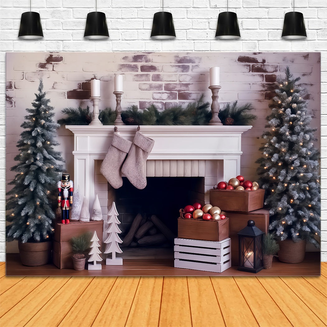 Toile de fond Noël Décor Cheminée Pins Givrés Photo MRR8-261