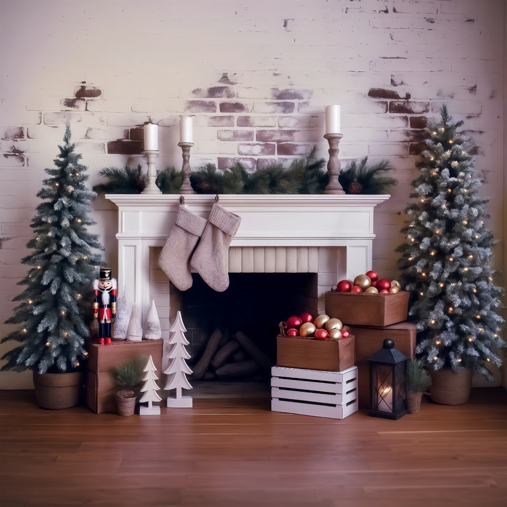 Toile de fond Noël Décor Cheminée Pins Givrés Photo MRR8-261