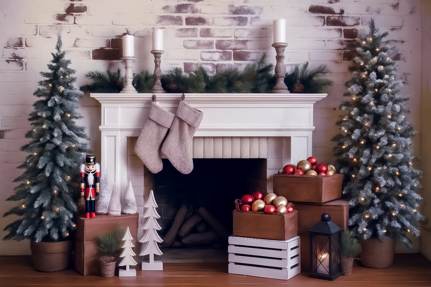 Toile de fond Noël Décor Cheminée Pins Givrés Photo MRR8-261