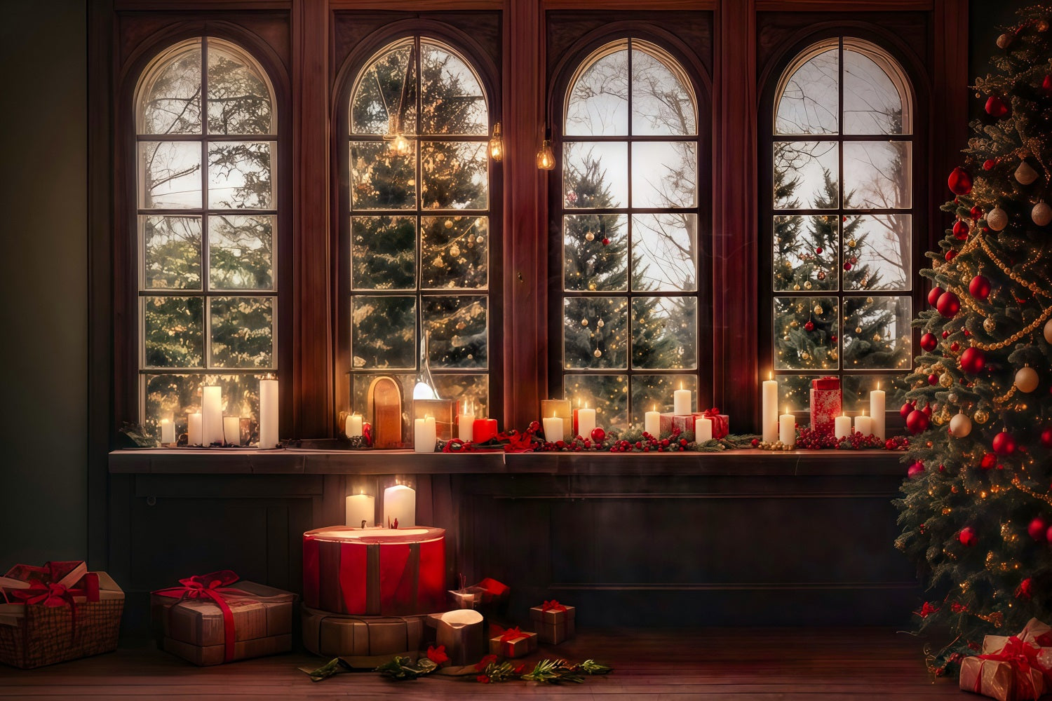 Toiles de fond Noël Fenêtre Lueur Bougies Arbres Enneigés MRR8-262