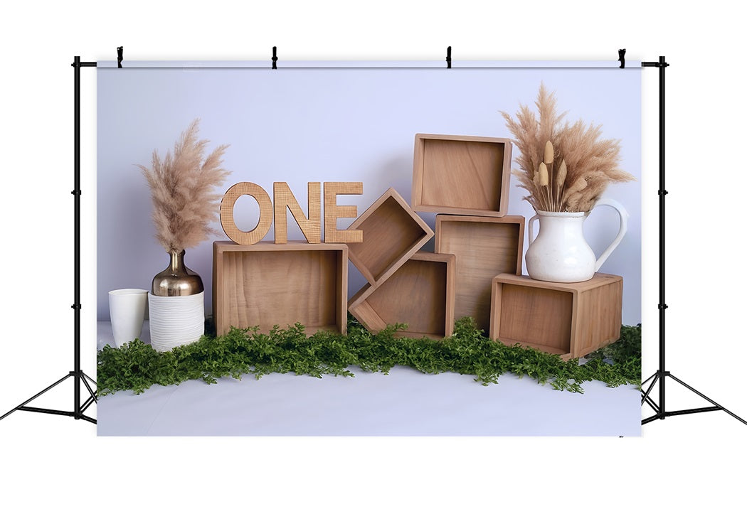 Toile de fond 1er Anniversaire Boîtes Bois Arrangement Pampas MRR8-269