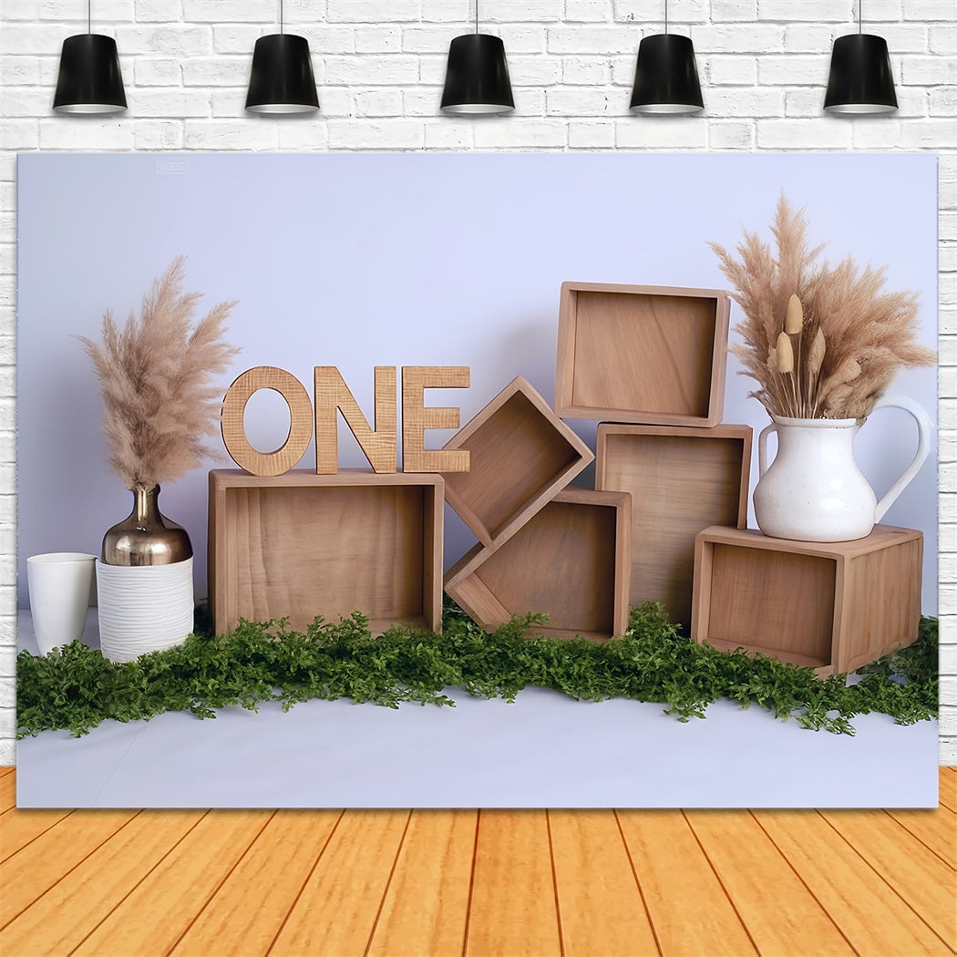 Toile de fond 1er Anniversaire Boîtes Bois Arrangement Pampas MRR8-269