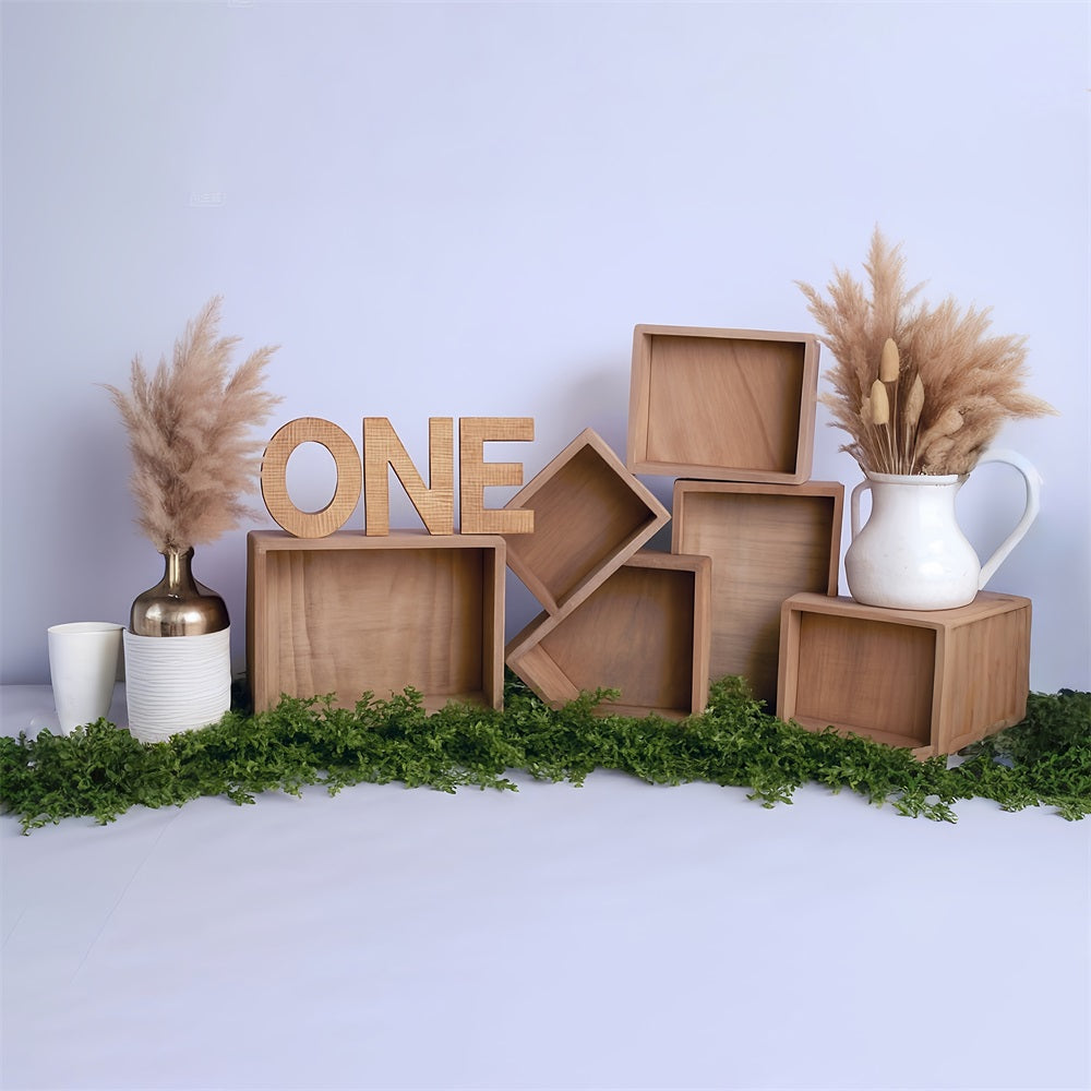 Toile de fond 1er Anniversaire Boîtes Bois Arrangement Pampas MRR8-269