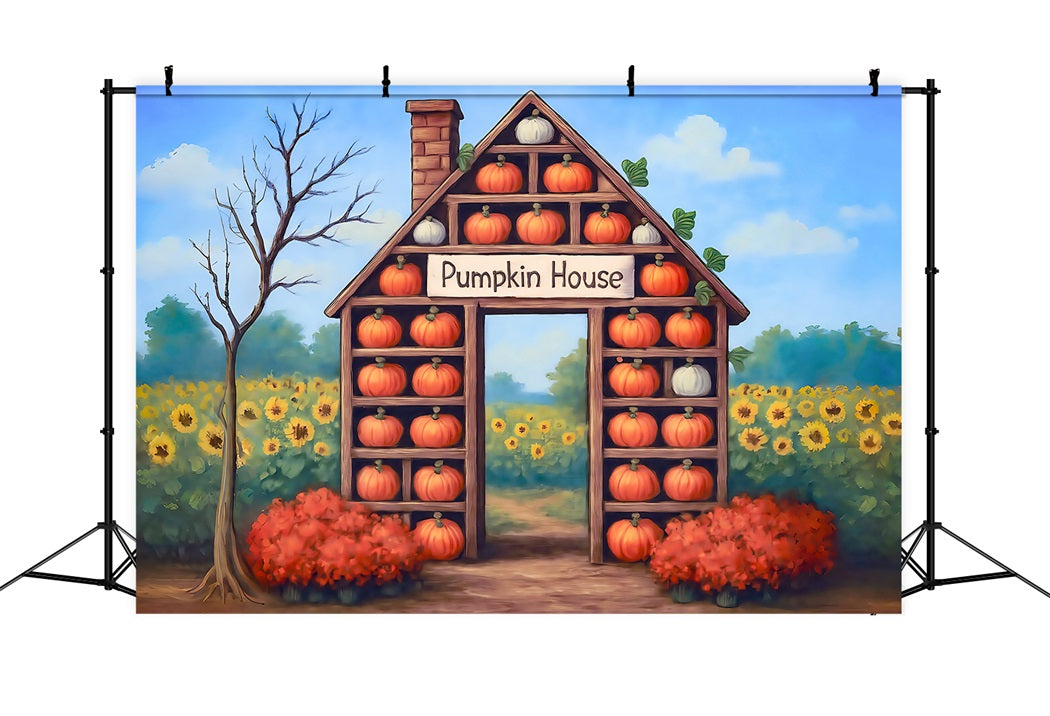 Toile de fond Automne Maison Citrouille Tournesols Récolte Photo MRR8-271