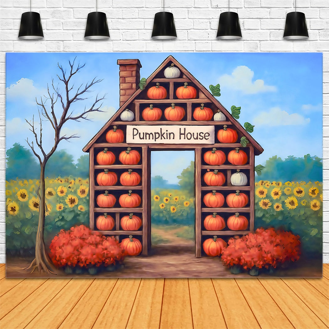 Toile de fond Automne Maison Citrouille Tournesols Récolte Photo MRR8-271