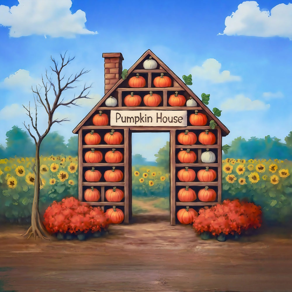 Toile de fond Automne Maison Citrouille Tournesols Récolte Photo MRR8-271