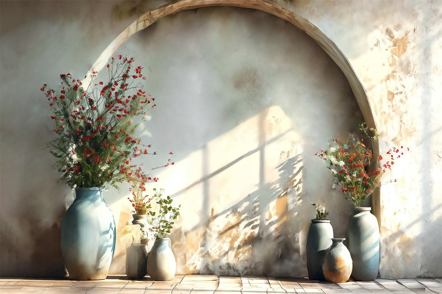 Toile de fond Bohème Mur Texture Vase Fleurs Rouges Photo MRR8-272