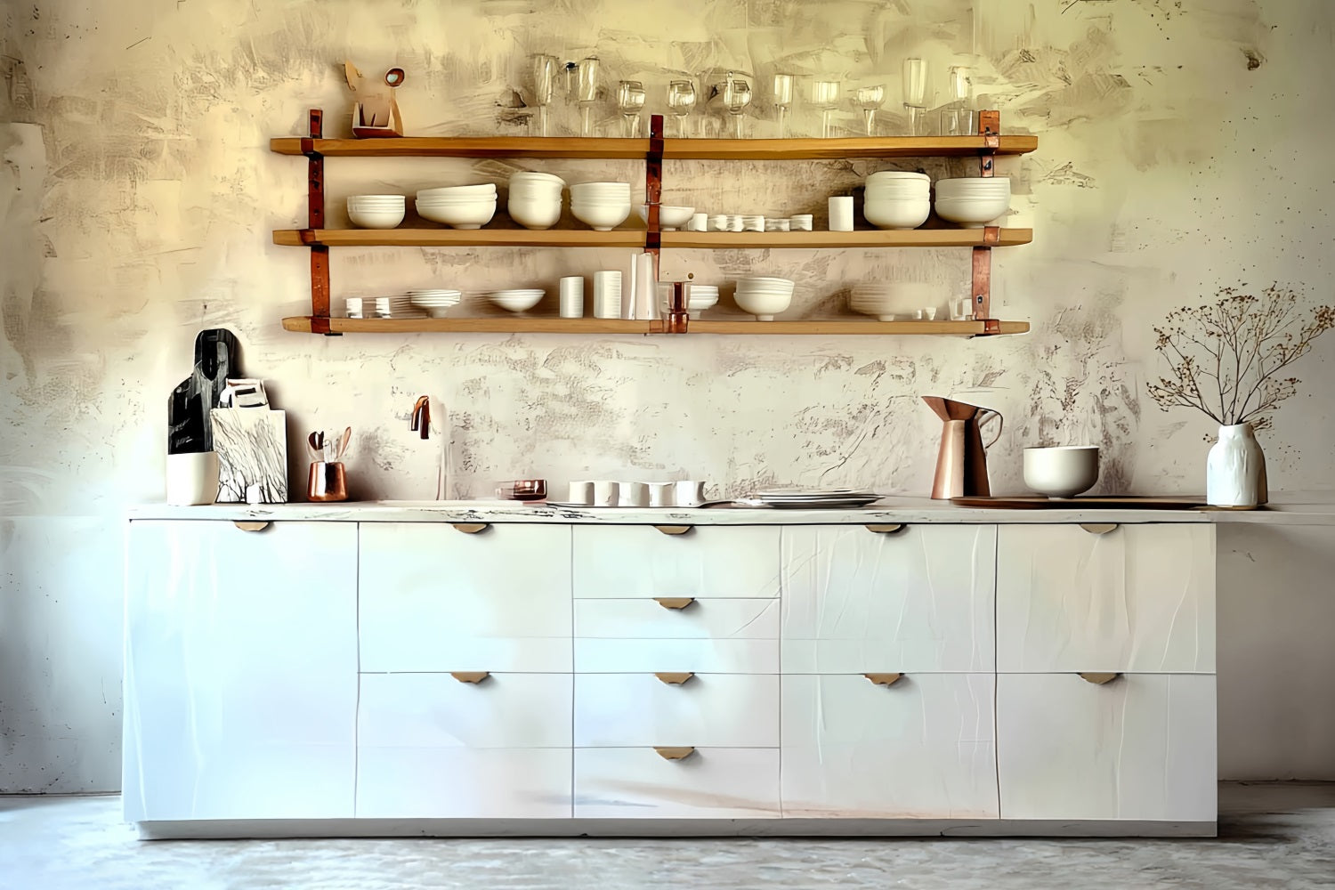Toile de fond Vintage Cuisine Blanche Minimaliste Étagères Photo MRR8-275