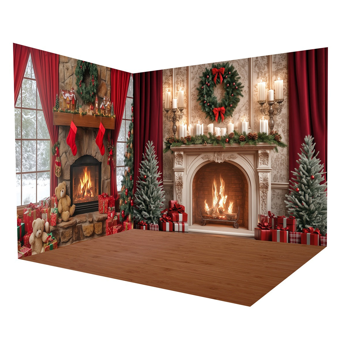 Ensemble de Salle Noël Fenêtre Enneigée Cheminée MRR8-279
