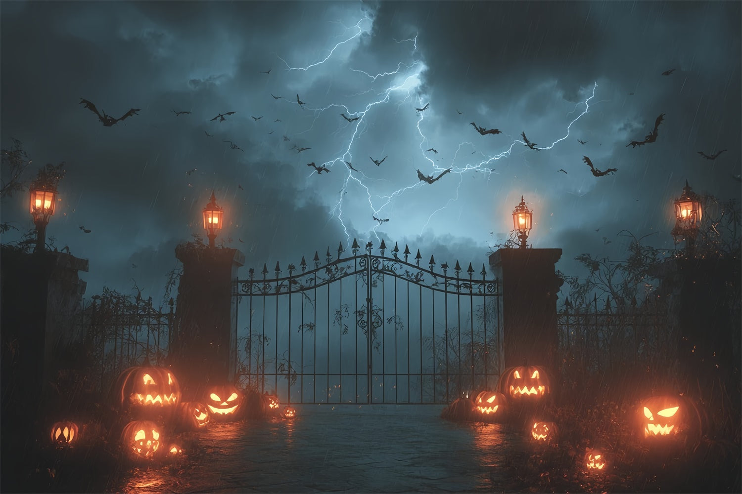 Toile de fond photo halloween Citrouilles Porte Effrayante Tonnerre MRR8-3
