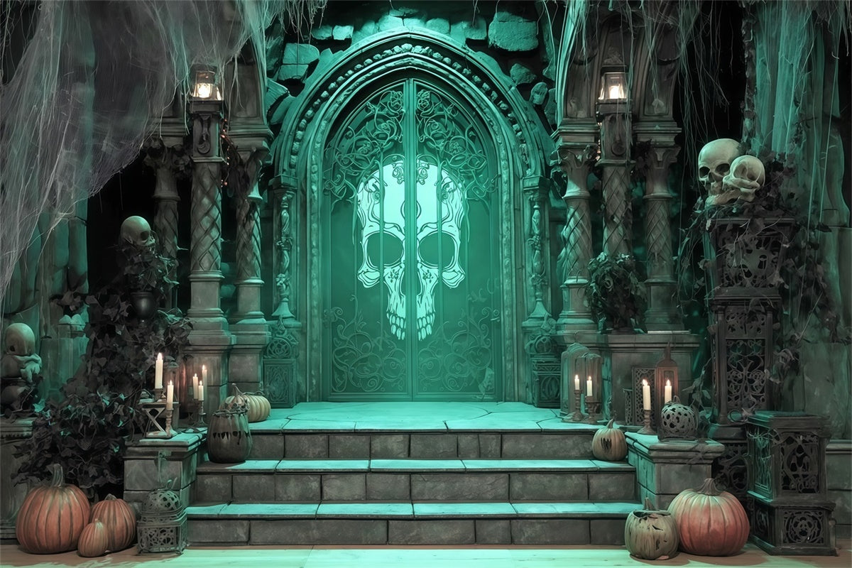 Toile photo halloween Entrée Crypte Crâne Vert MRR8-30