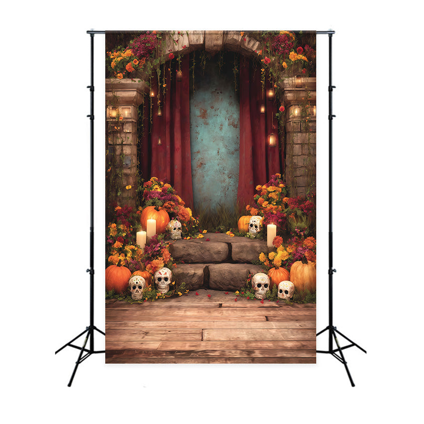 Fond studio halloween Arche Squelette Fleurs Bougies Sacrifice MRR8-36