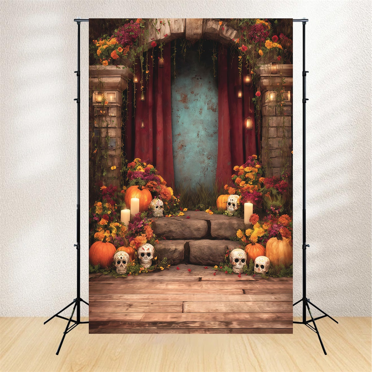 Fond studio halloween Arche Squelette Fleurs Bougies Sacrifice MRR8-36