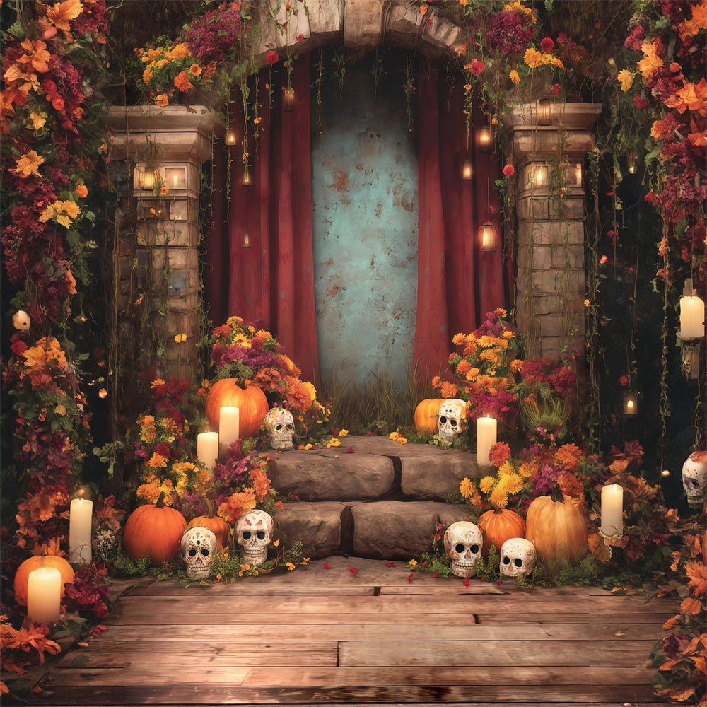 Fond studio halloween Arche Squelette Fleurs Bougies Sacrifice MRR8-36