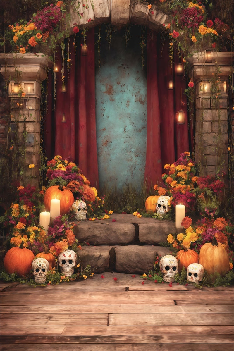 Fond studio halloween Arche Squelette Fleurs Bougies Sacrifice MRR8-36