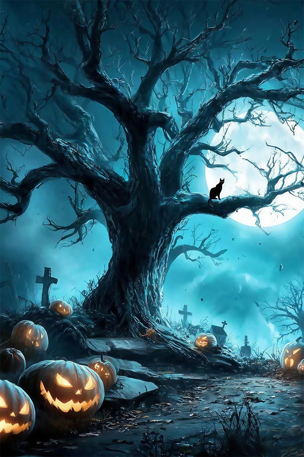 Toile photo halloween Forêt Cimetière Pleine Lune MRR8-38