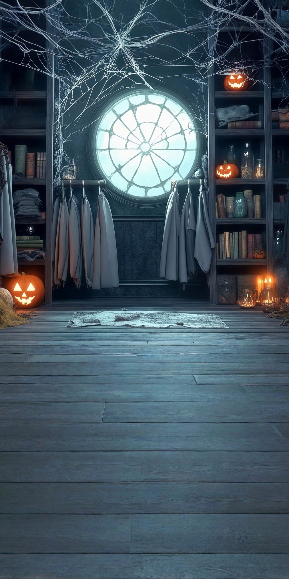 Toile de fond Sweep Halloween Fenêtre Toiles d’Araignée Citrouilles Lumières Bibliothèque MRR8-42