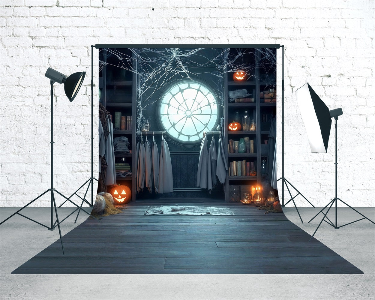 Toile de fond Sweep Halloween Fenêtre Toiles d’Araignée Citrouilles Lumières Bibliothèque MRR8-42