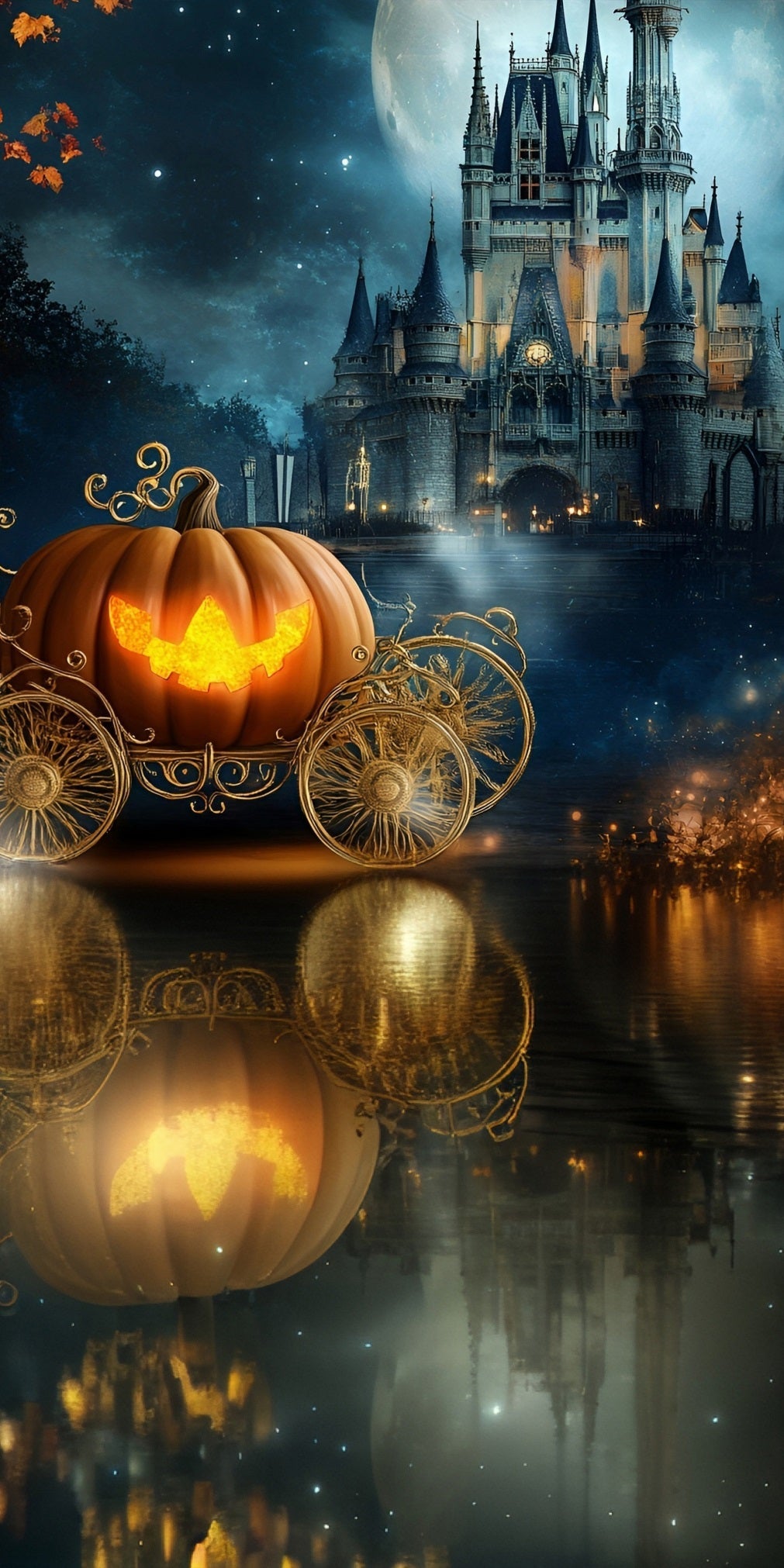 Toile de fond Sweep Halloween Carrosse Citrouille Château de Rêve au Bord du Lac MRR8-44