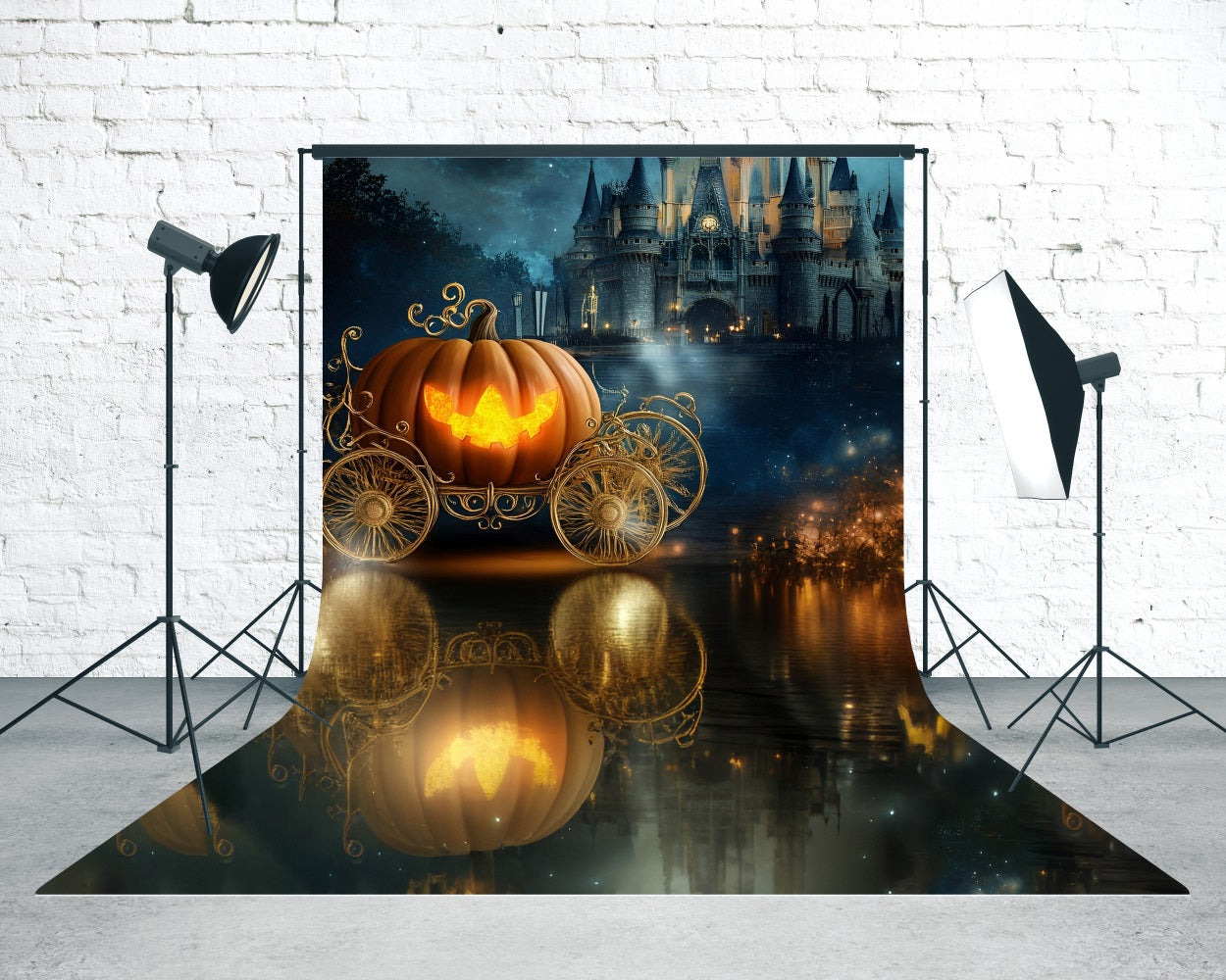 Toile de fond Sweep Halloween Carrosse Citrouille Château de Rêve au Bord du Lac MRR8-44
