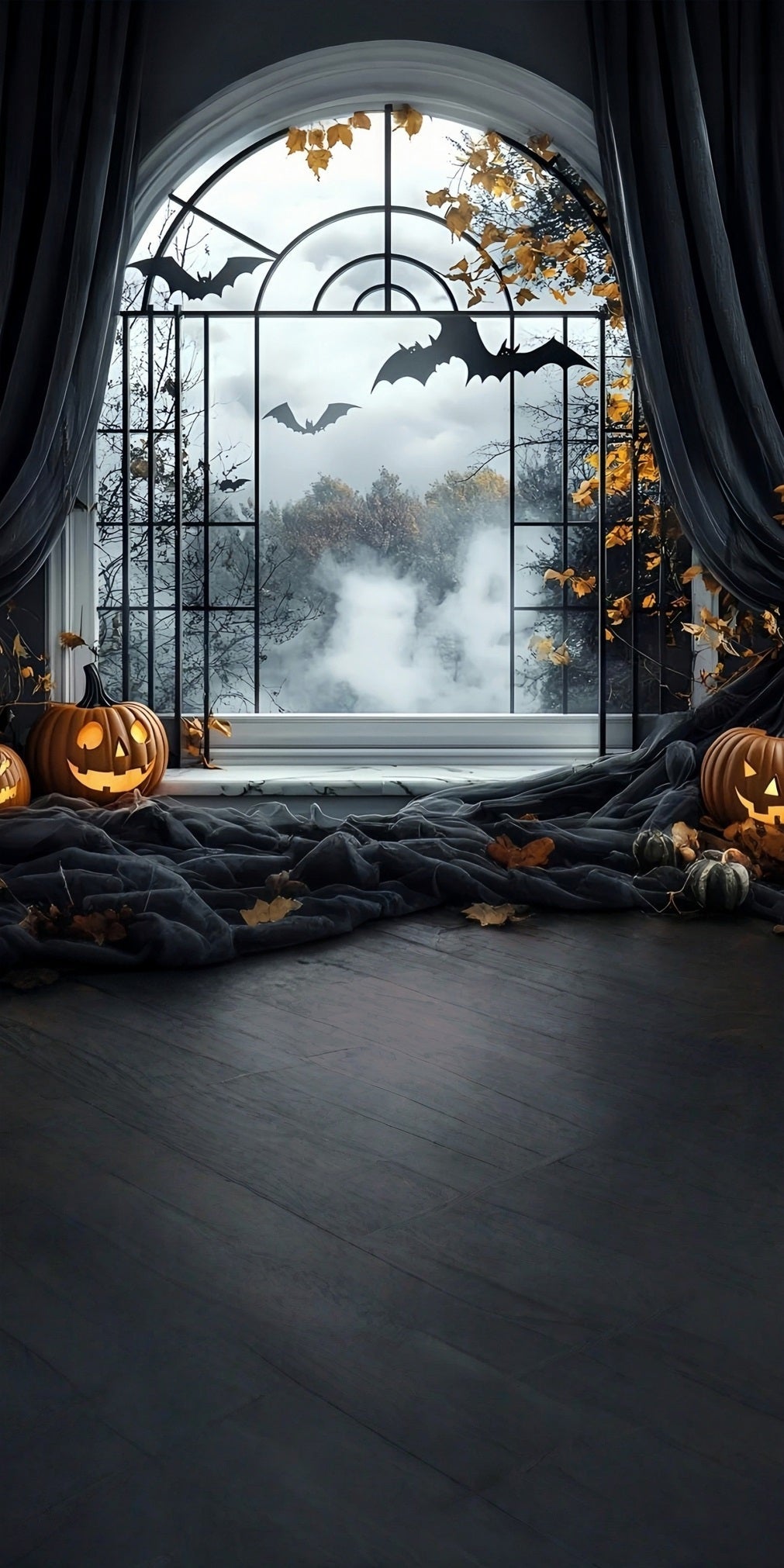 Toile de fond Sweep Halloween Idées Rideaux Noirs Fenêtre Cintrée MRR8-46