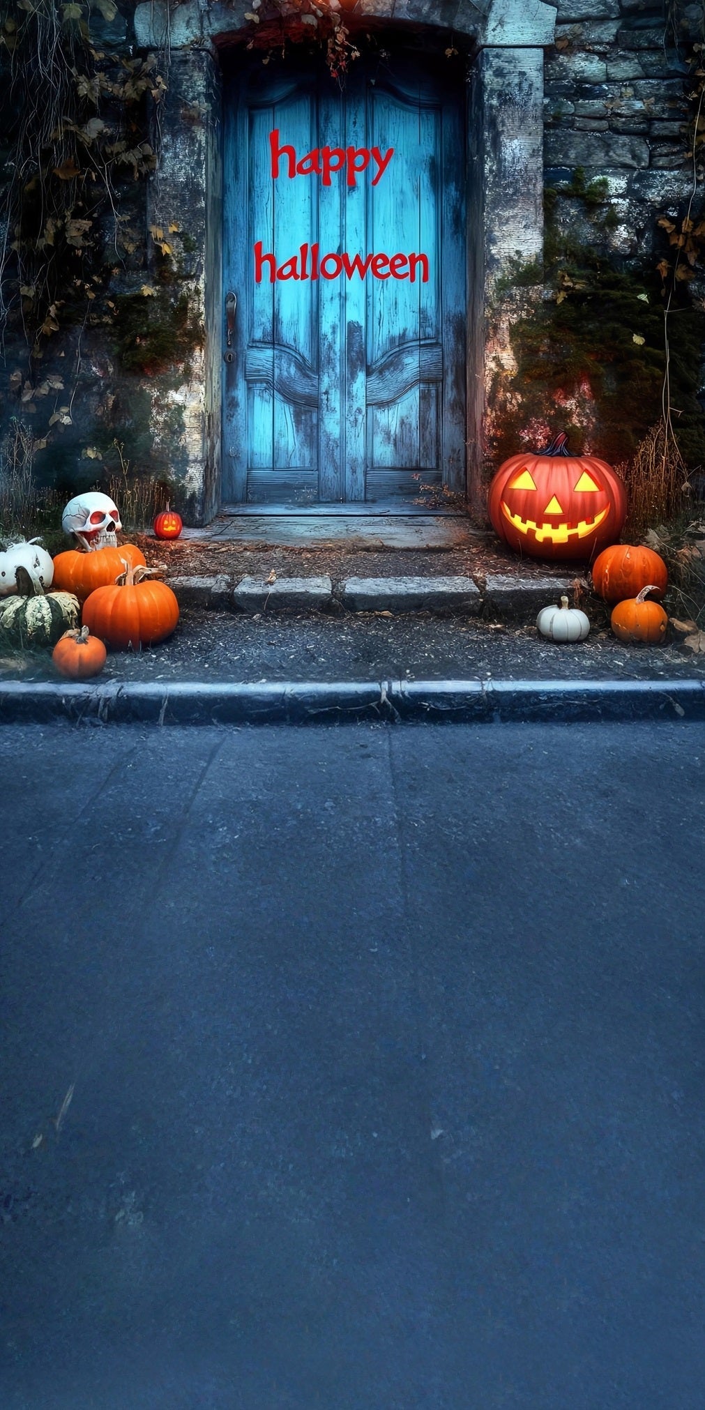 Toile de fond Sweep Halloween Photo "Happy Halloween" Sanglant Porte Vintage Bleue MRR8-50