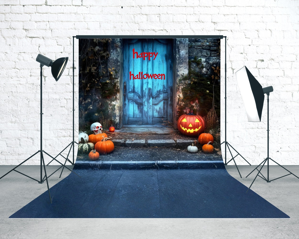 Toile de fond Sweep Halloween Photo "Happy Halloween" Sanglant Porte Vintage Bleue MRR8-50