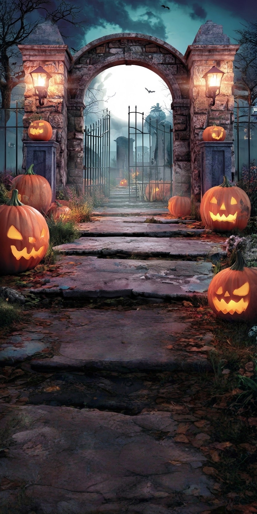 Toile de fond Sweep Halloween Lampes Citrouille Portail Cimetière en Brique MRR8-53