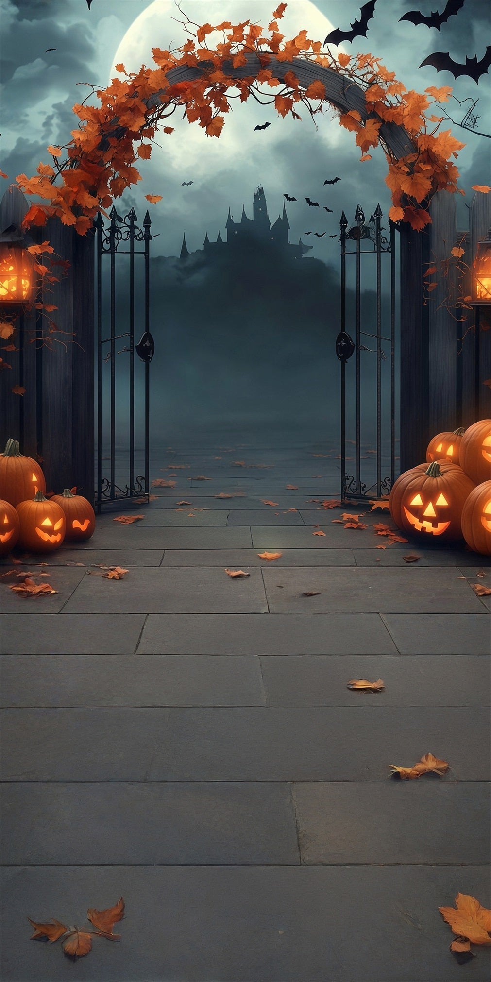 Toile de fond Sweep Halloween Arches Feuilles d’Érable Lumières Citrouille Scintillantes MRR8-63