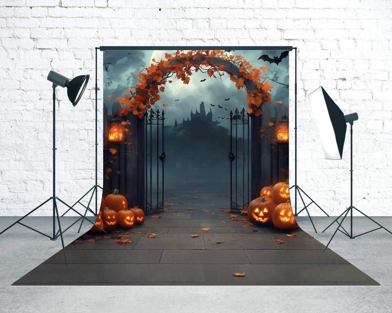 Toile de fond Sweep Halloween Arches Feuilles d’Érable Lumières Citrouille Scintillantes MRR8-63